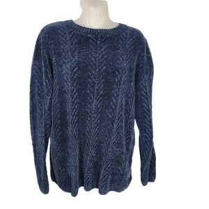 Orvis Womens Sweater Large Blue Chenille Crew Neck Pullover Plush Soft Printed